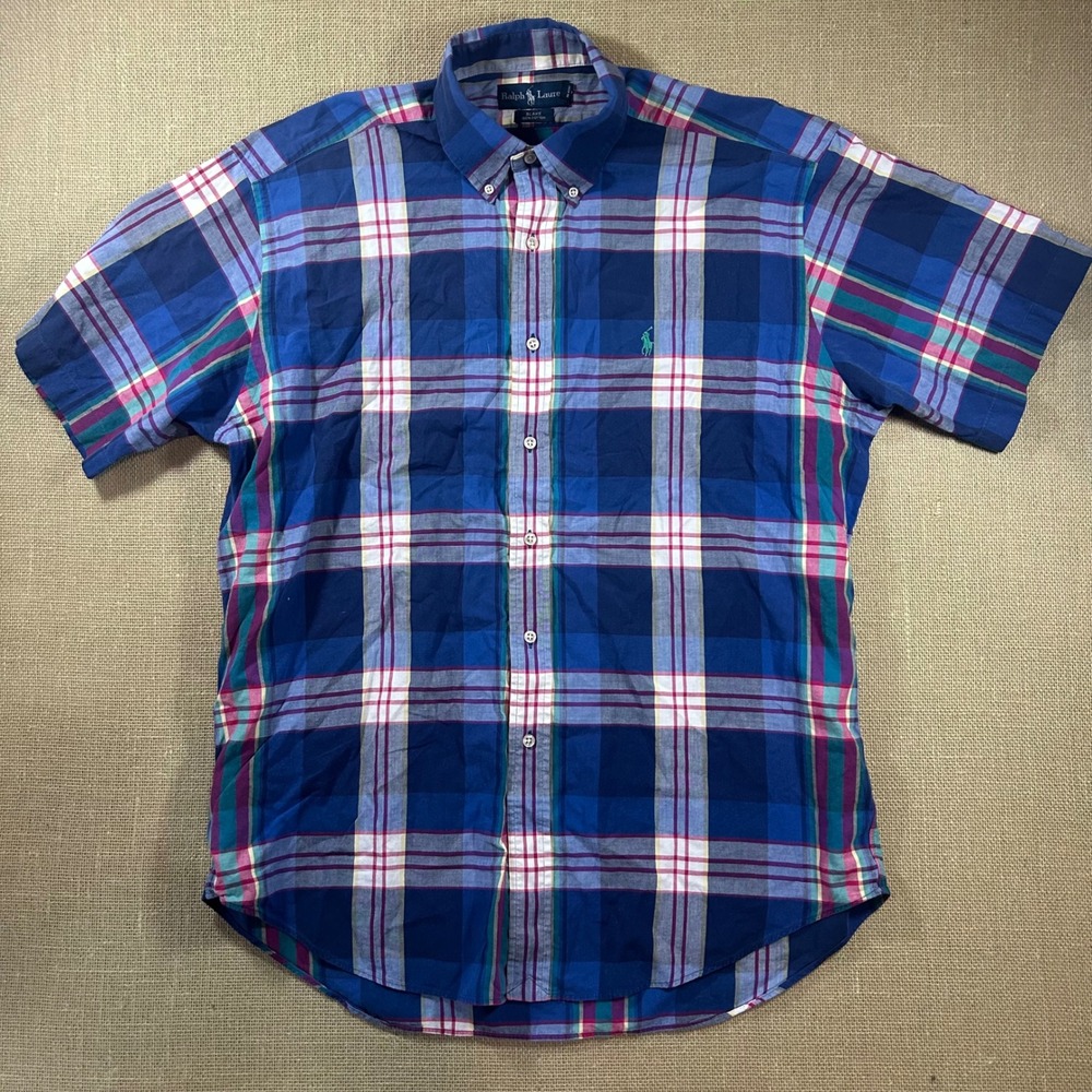 Polo Ralph Lauren Blake Mens Large Blue Plaid Short Sleeve Cotton Button Down